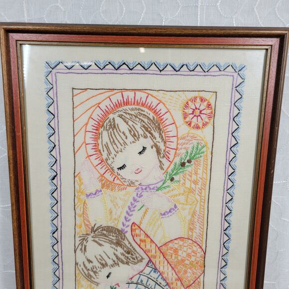 VINTAGE Finished Embroidery Religious Childrens Praying Kneeled Down Framed - Picture 14 of 16